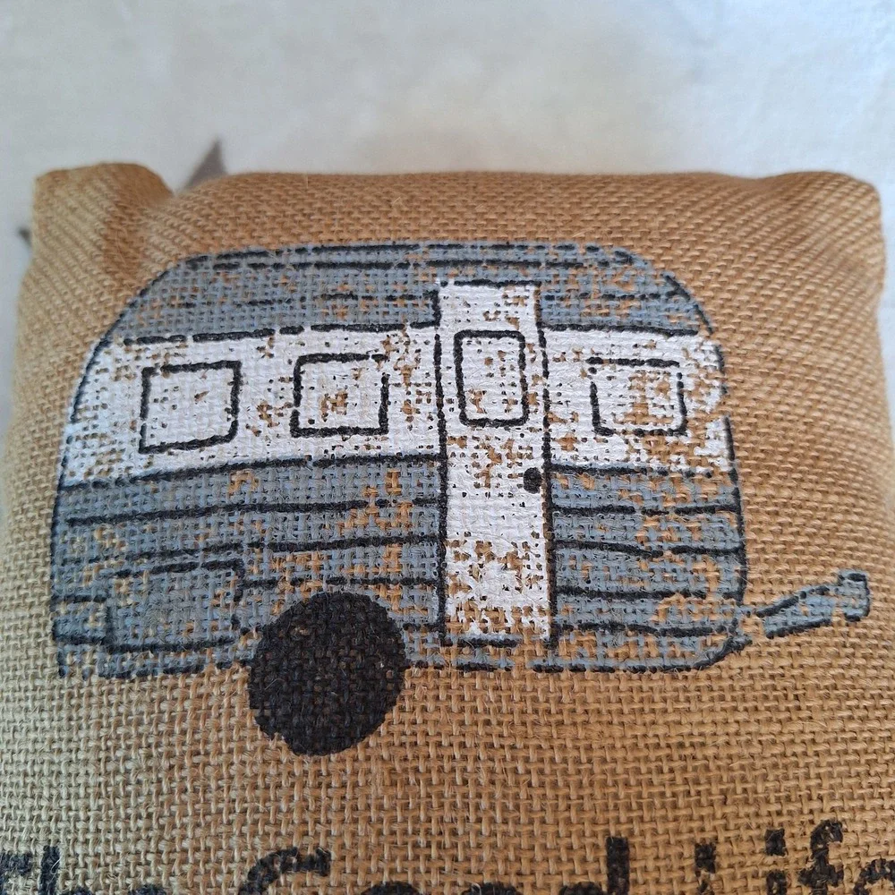 The Good Life Camper Jute Burlap Throw Pillow Travel Cabin RV Made In India